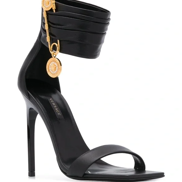 VERSACE bLack lamb leather sandals safety pin 36